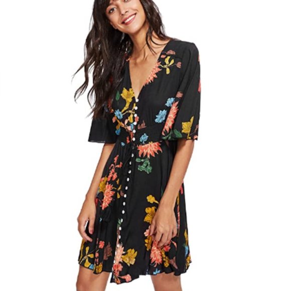 Women Boho ButtonUp Split Floral Print Party Dress - Picture 4 of 7